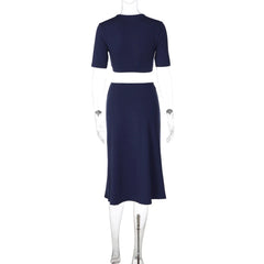 Blue Deep V-Neck Bralette Top and Midi Skirt Set