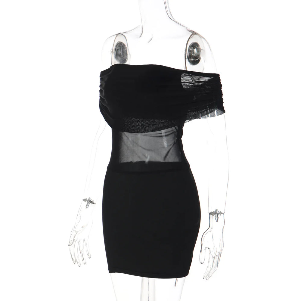 Black off-shoulder dress on a transparent mannequin against a white background
