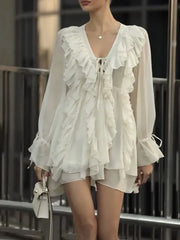 Ruffled Lace Up Long Sleeve Mini Dress