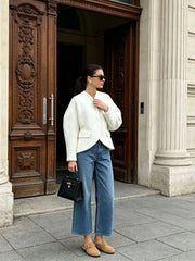 White Textured V-Neck Cropped Blazer