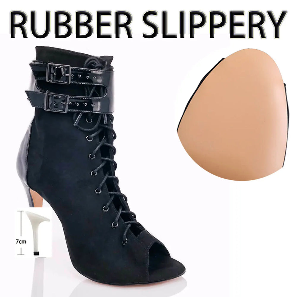 Black high-heeled lace-up boot with a tan insole and text 'Rubber Slippery' on a white background.
