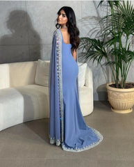 Blue Long Chiffon Cape Floor-Length Dress - Golden Atelier