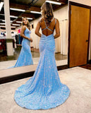 Blue Bling Mermaid Open Back Sweep Train Prom Gowns