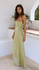 Floral Embroidered Satin Slip Dress with Spaghetti Straps