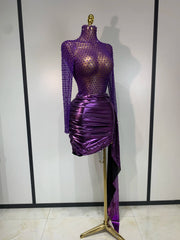 Sequin Sheer Long Sleeve Turtleneck Metallic Draped Mini Dress