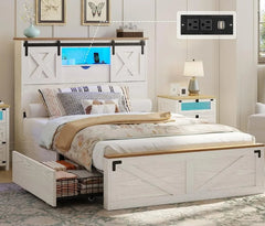 Bedroom setup with a bed, nightstands, and wall sockets.