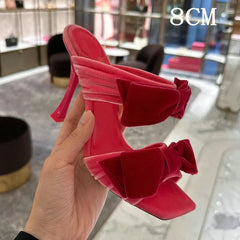 Pink Velvet Bow Stiletto Mules