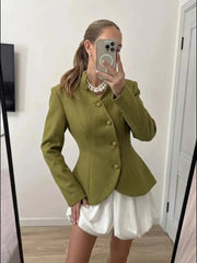Stand Collar Peplum Hem Diagonal Buttoned Blazer