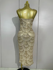 Pearl Beaded Sequins Spaghetti Strap Bodycon Long Dress