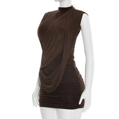 Draped Mock Neck Open Back Mini Dress