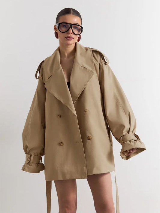 Lapel double-breasted belted jacket in khaki