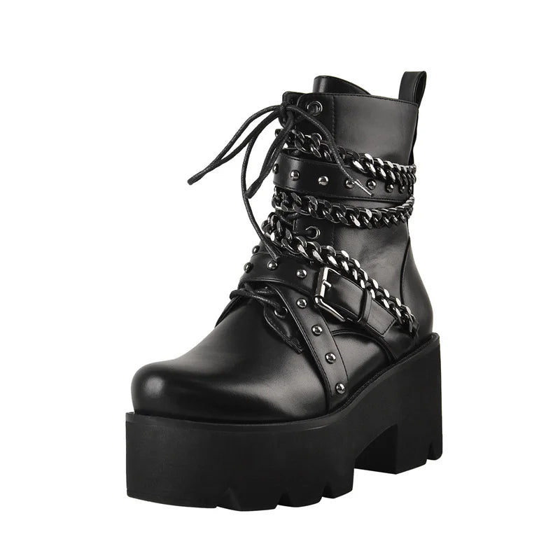 Chunky platform chain detail lace-up ankle boots