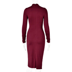 Long Sleeve Ruched Slit Turtleneck Midi Dress