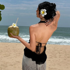 Black Halter neck Deep V-neck Slit Top