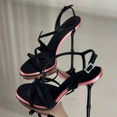 Black Satin Strappy Stiletto Heel With Pink Sole