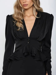 Satin Cropped V-Neck Long Sleeve Peplum Top