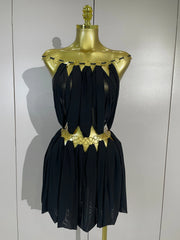 Black halter neck mini dress with gold ring details