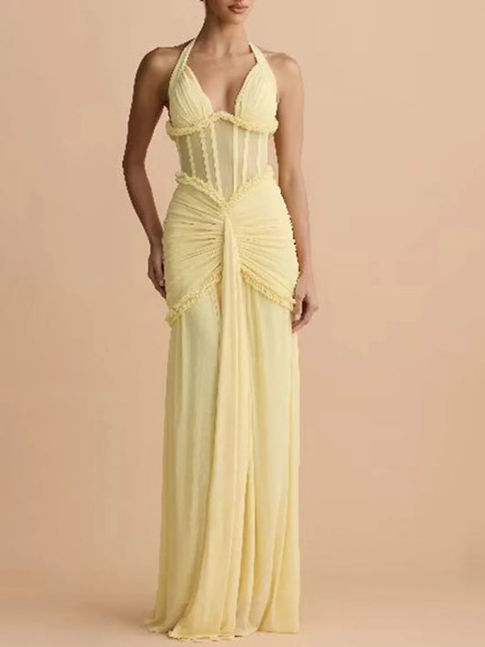 Yellow Sheath Halter Neck Maxi Dress with ruched waist
