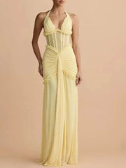 Yellow Sheath Halter Neck Maxi Dress with ruched waist