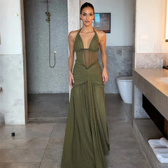 Deep V-Neck Halter Tie Up Corset Draped Waist Maxi Dress
