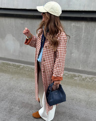 Red Gingham Lapel Long Trench Coat