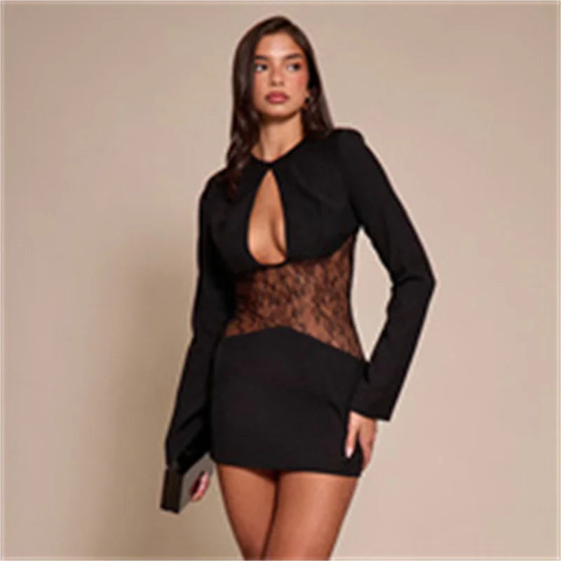 Slim fit dress featuring sheer lace waist
