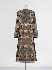 Embellished geometric print coat on mannequin back