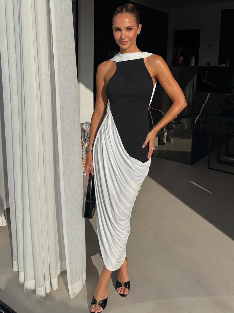 Colorblock draped midi dress with backless detail