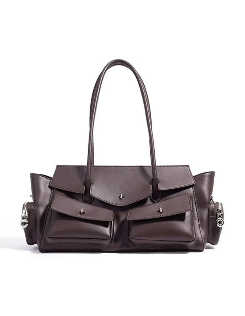 Brown leather handbag on a white background