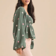 Floral Embroidered Square Neck Peplum Top
