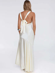 Satin Backless Asymmetrical Hem Maxi Dress