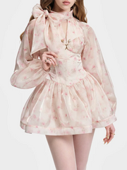 Floral puff sleeve mini dress with high neckline