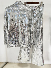 Silver Sequin Blazer And Wide Leg Pants Two-Piece Set