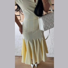 Yellow Solid Pleated Hem Maxi Dress