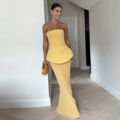 Yellow Sleeveless Top High Waist Pleated Skirt Suit