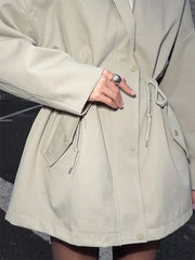 Drawstring Waist Standing Collar Trench Coat