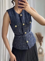 Navy tweed belted sleeveless top