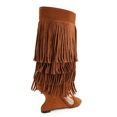 Fringe Layered Wedge Heel Boots