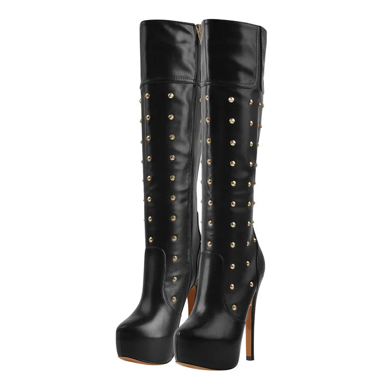 Pair of platform studded stiletto knee-high boots