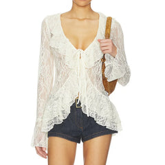 Lace ruffle tie front top, front view