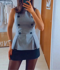 Buttoned Boat Neck Sleeveless Grey Vest Top