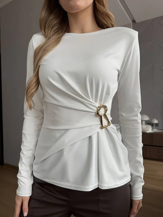 White ruched long sleeve top with metal ring detail
