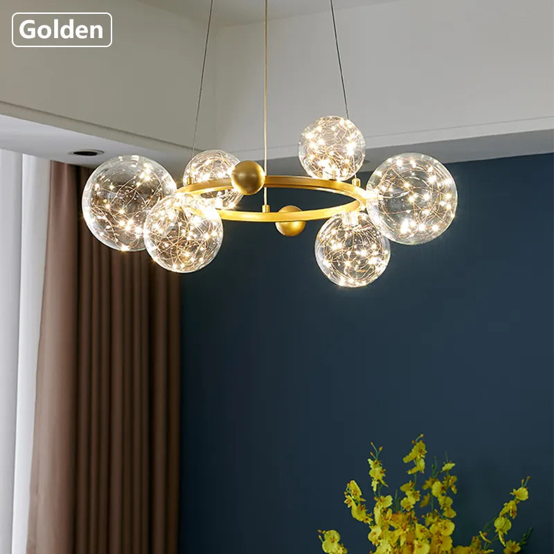  Clear Glass Ball Ceiling Hanging Led Light Gold Chandelier