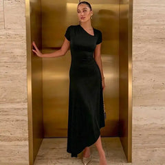 Diagonal neck asymmetrical hem midi dress in black in elevator