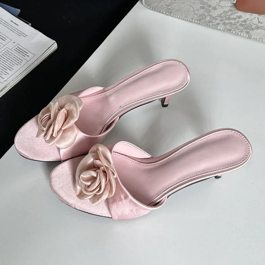 Pink flower embellished kitten heel mules