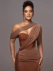 One Shoulder Draped Glitter Brown Corset Open Back Maxi Dress- Golden Atelier