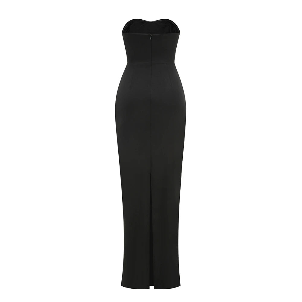 Black strapless gown on a white background