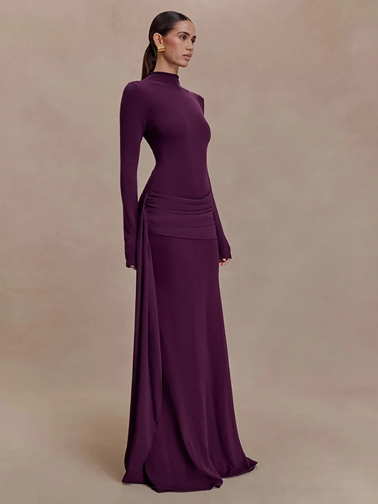 Purple turtleneck draped maxi dress