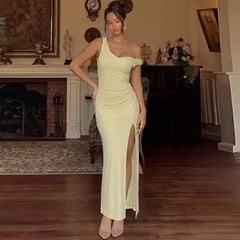 Asymmetrical Neck High Slit Maxi Dress