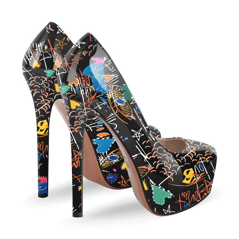 Colorful high-heeled shoes with abstract designs on a white background